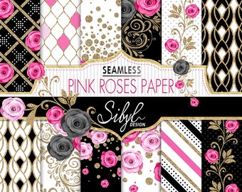 60% OFF SALE, Floral Digital Paper, Pink Roses Seamless Pattern, Digital Wedding Roses Paper, Pink Flowers Pattern, Glitter Floral Paper