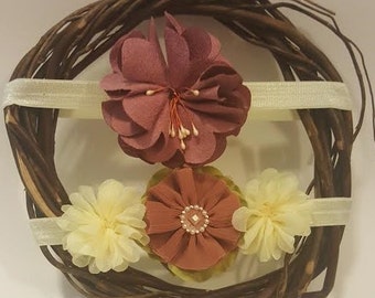 Two 14" Baby Girl Headbands, Newborn Headbands, Flower Headbands, Baby Hair Accessories, Newborn to 3 Months