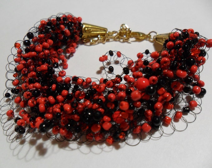 Red black airy necklace crochet multistrand necklace statemen jewelry gift for her cobweb everyday casual unusual gift idea romantic passion