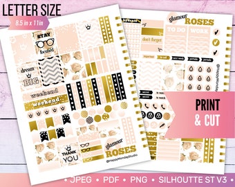 Glamour Royal ROSES printable planner stickers \ pale pink, gold, black \ print and cut, png, jpg, pdf, silhouette files \ letter size