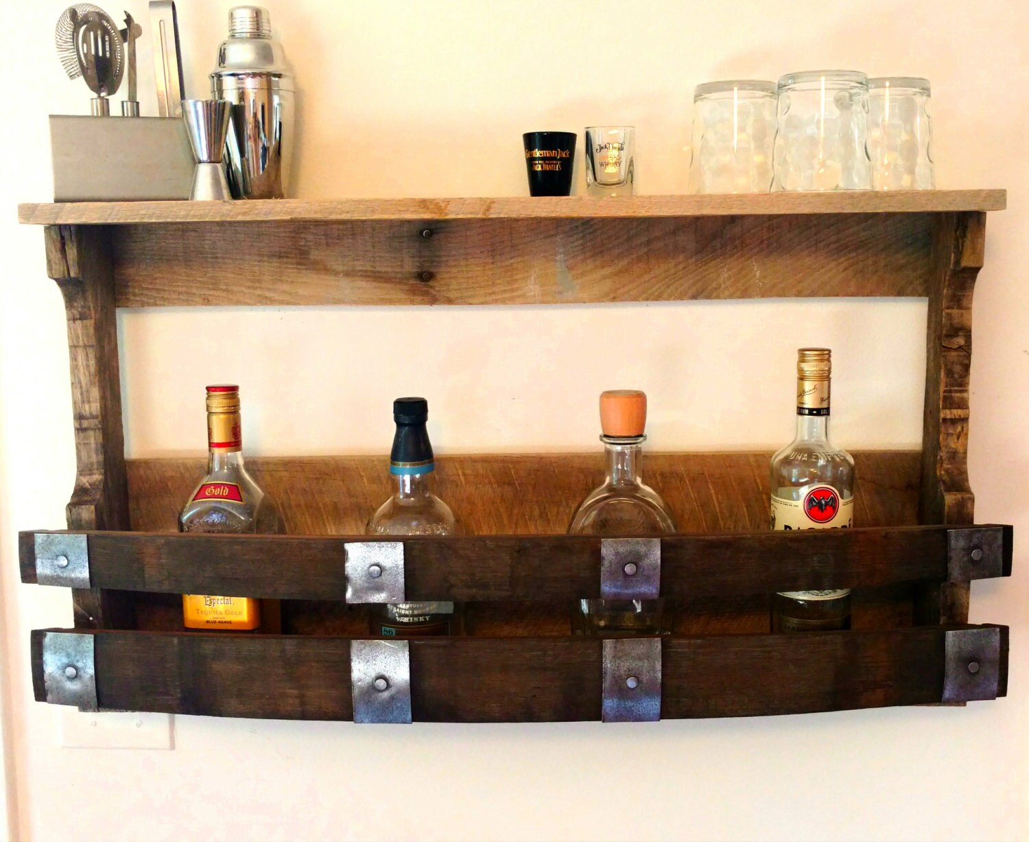 Whiskey Barrel Stave Bottle Holder & Shelf Made from Reclaimed Whiskey