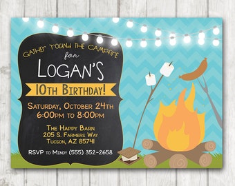 Printable Campfire Invitation, Camping Birthday Invitation, Camping Party, BBQ Birthday invitation, Chalkboard Smores Weenie Roast Invites