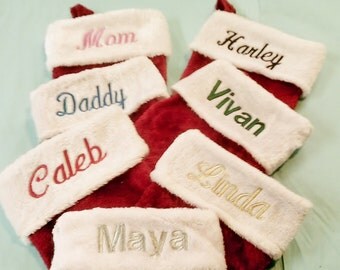 Monogrammed Plush Red & White Christmas Stockings ,,Personalized with Name ,,,Professionally Embroidered
