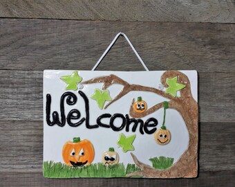 Halloween door decor, Halloween welcome sign, Halloween pumpkins, Halloween door hanging sign, Halloween party decoration, Jack o'lantern