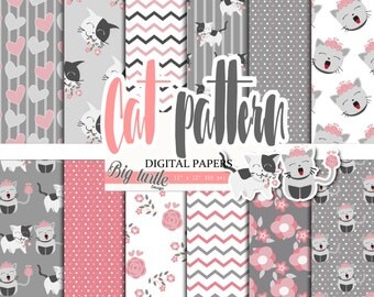 50% OFF SALE Cats digital paper, cute digital paper, cat pattern, scrapbook papers, cats background, Printable Background, 12 JPG.