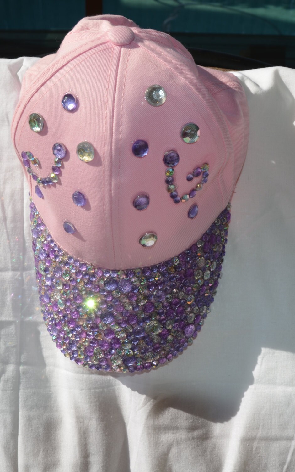 Rhinestone and Gem Pink Cap by MommasCraftCreations on Etsy