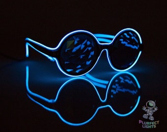 Neon Blue Trippy Kaleidoscope Glow Glasses Perfect for Raves, Festivals, and Light Shows EDC Kandi Perlers Rave Gear
