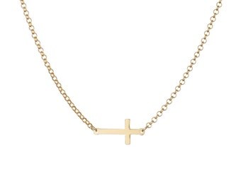 Sideway Gold Cross Necklace, Gold Cross Bar Necklace, Simple Delicate Cross Necklace, Gold Cross Necklace, Multi Strand Necklace