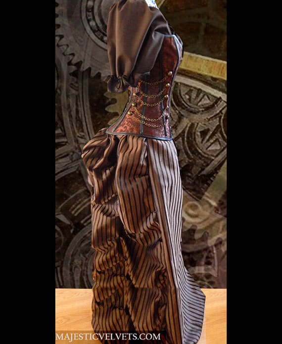 Ready to ship Steampunk Brown Corset w/STRIPED BROWN Bustle Skirt Victorian Cosplay Costume Halloween Dress Goth by MajesticVelvets steampunk buy now online
