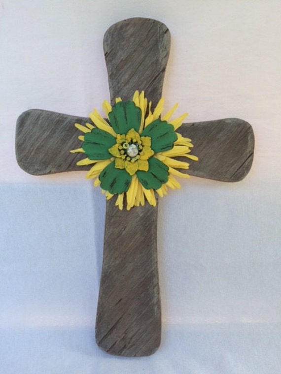 Wooden Cross With Metal Flower