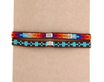 Bracelet indien boheme bobo turquoise et arc en ciel cuir marron strass