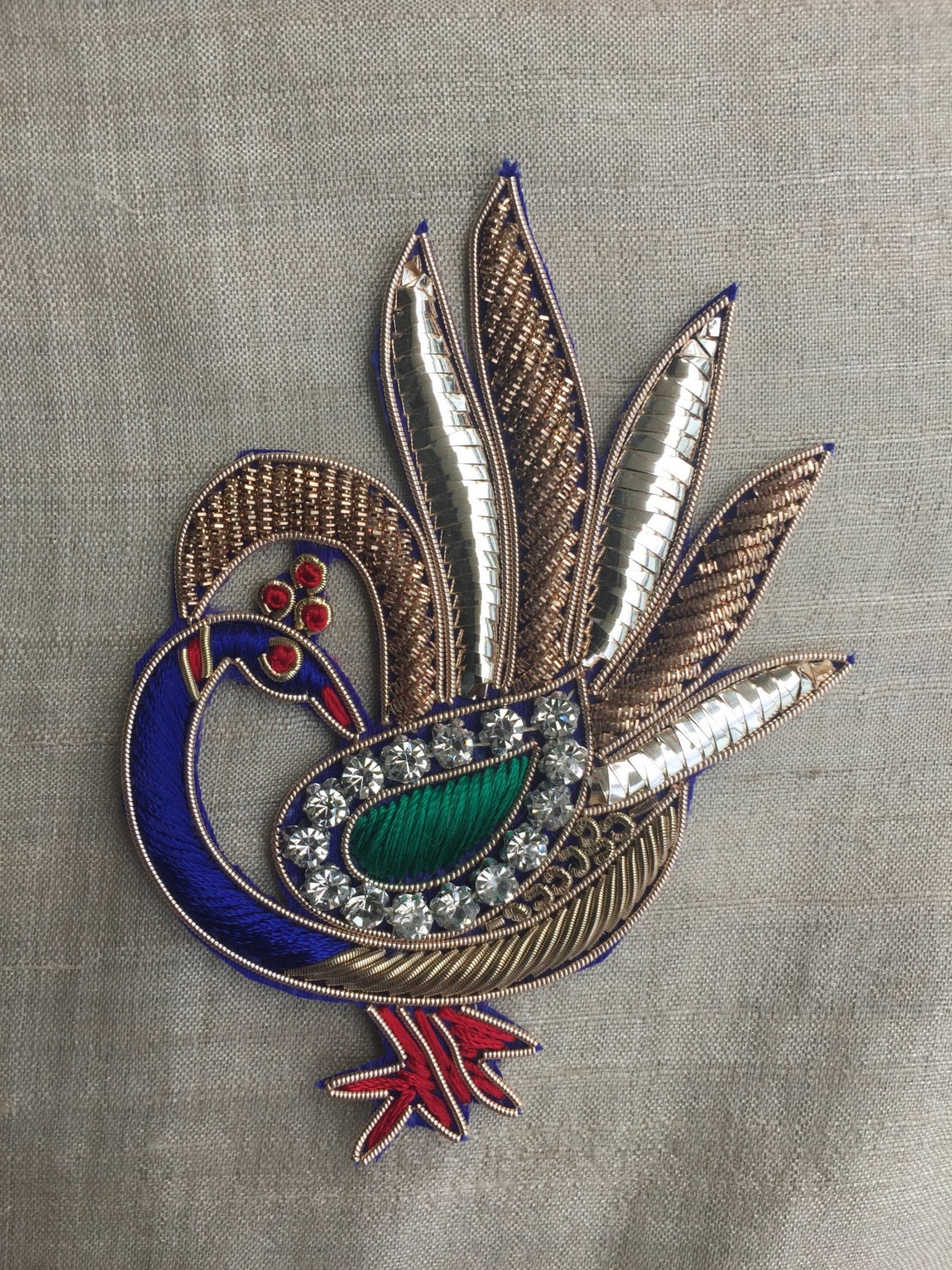 Peacock Applique Indian Embroidered Patch Golden Zari