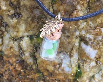 Sea Glass Bottle Necklace with Leaf Pendant