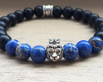 Lion bracelet for him and her - Beaded bracelet - Lion head bracelet - Bracelet for men and women - Black bracelet - Elastic bracelet