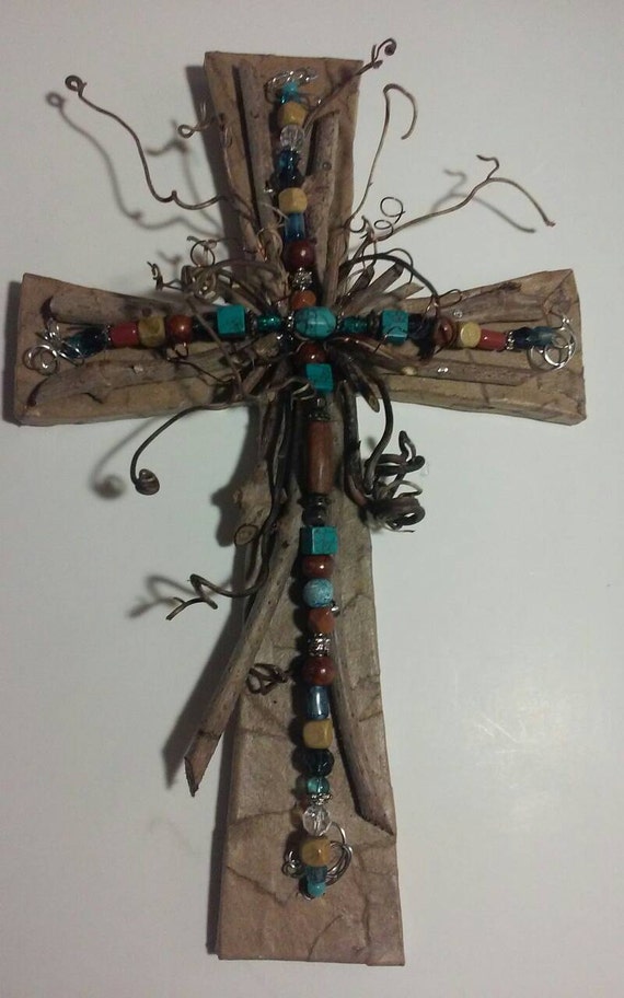 Beaded Wooden Cross Wall Hanging. 11 high X 7