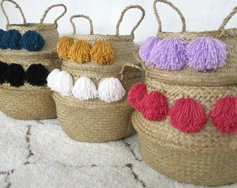 Pom Pom Rice Baskets / Belly Baskets Seagrass Foldable Storage Basket Hand Woven Vietnam Tassels Silk Bamboo Pompom Asian Natural Home Decor