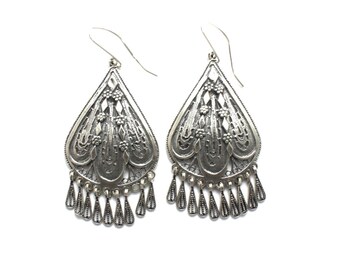 Vintage Yemenite 925 Sterling Silver Tear Drop Filigree Earrings