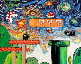 Video Game Art - Super Mario Bros - Starry Night Giclee Gamer print van Gogh Played With Fire by Aja 8x8 10x10 12x12 20x20 24x24 choose size