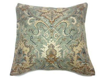 Decorative Pillow Cover Ikat Green Orange Rust Tan Brown Black Ivory Same Fabric Front/Back Toss Throw Accent 18x18 inch xt