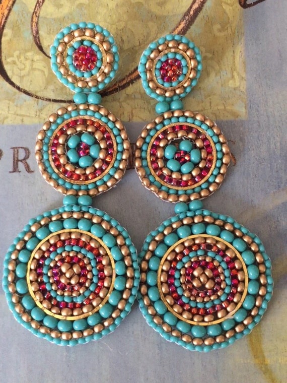 Items similar to Beaded Turquoise and Ruby Triple Disc Post Earrings ...