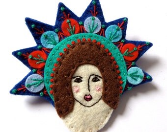 Mexican GUARDIAN ANGEL felt brooch pin with freeform embroidery