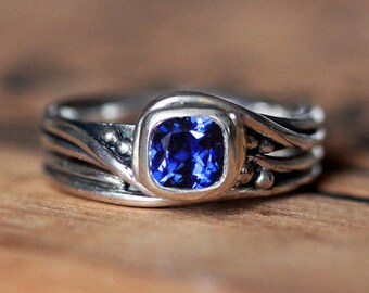Blue sapphire engagement ring set, lab created sapphire, bridal ring set, ethical engagement ring, wedding ring set women, Pirouette, custom