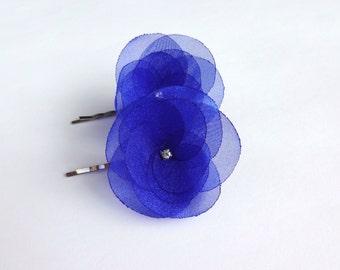 Cobalt Blue Organza Flowers Hair Pins, Shoe Clips