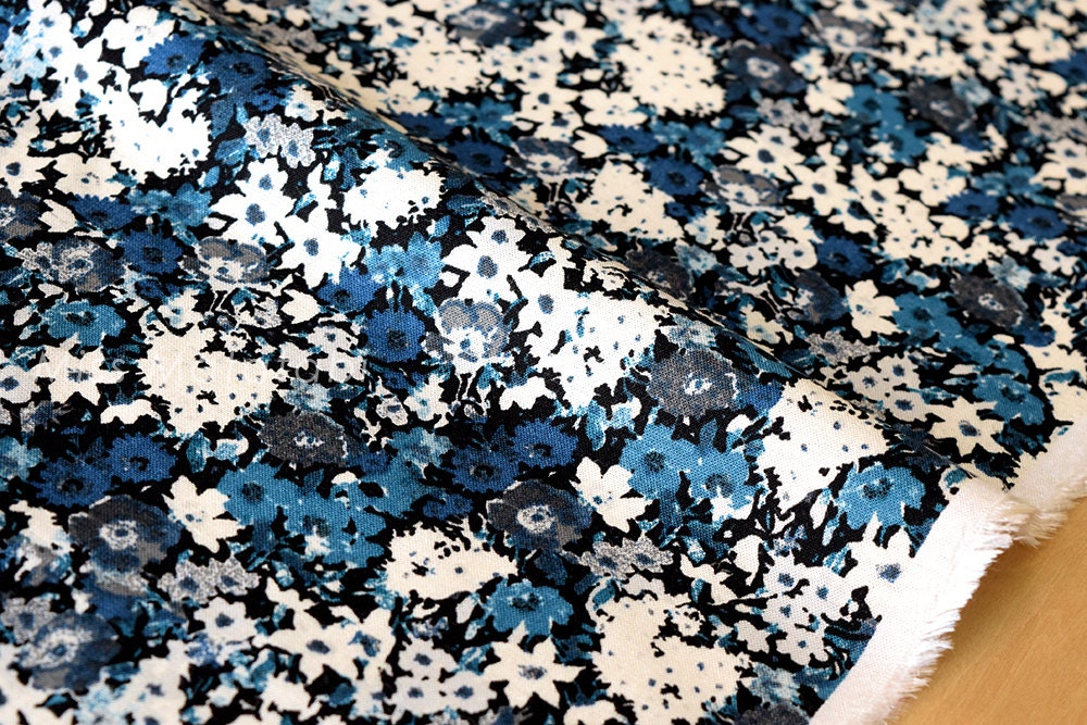 Japanese Fabric rayon linen blend floral blue 50cm