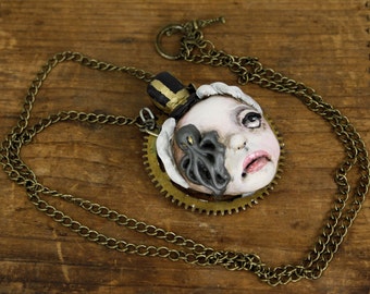 Original Cameo Sculpture Steampunk Circus Girl Octopus Necklace Pop Surrealism