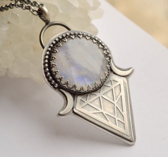 Silver Rainbow Moonstone Necklace with Etched by EONDesignJewelry