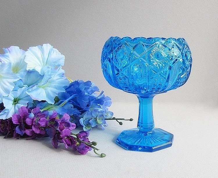 Vintage Blue Pedestal Bowl Blue Footed Bowl Blue Glass by Cubecone