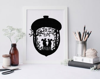 Squirrel Loves Acorn Paper Cutting Scherenschnitte Squirrel Silhouette Art Scissor Cut Paper Black and White