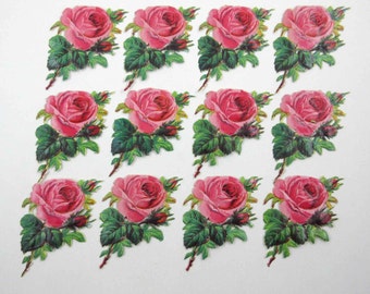 Vintage Victorian Die Cut Scraps with Pink Roses Flowers Set of 12