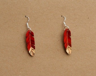 Handcarved Redheart, Spalted Hackberry and Maple Wood Leaf / feather Earrings J160301