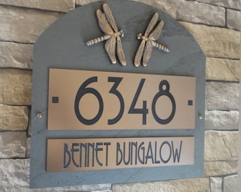 Craftsman Arched Slate HOUSE NUMBERS Dragonfly Address Plaque