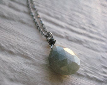 Green Aventurine Necklace- Sterling Silver Oxidized, Wire Wrapped, Chain, Gemstone
