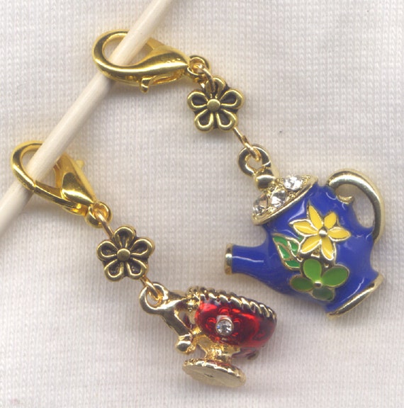 Teapot and Cup Stitch Marker Clip Blue Enameled Rhinestone Charm Pair
