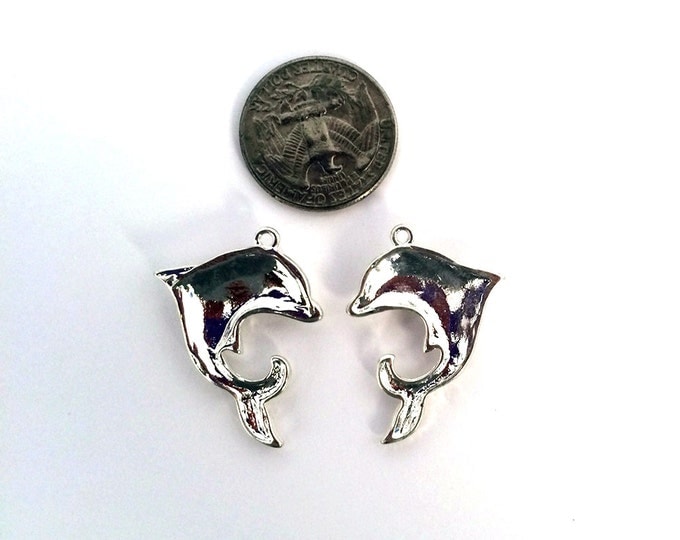 Pair of White Dolphin Charms Rhinestones Silver-tone