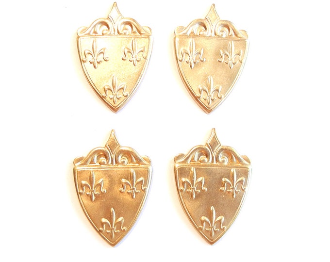 4 Brass Heraldic Shield Stampings with Fleur de Lis