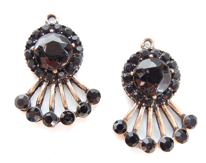 Art Deco Antique Rose Gold-tone Fan Like Charms Black Rhinestones