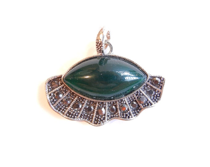 Abstract Green Acrylic Marquis Shaped Eye Pendant with Hematite Rhinestones Antique Silver-tone