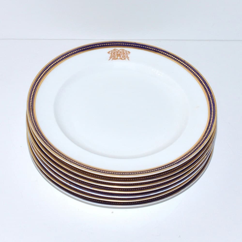 Antique French Monogrammed Porcelain Dinner Plates with Cobalt Blue and