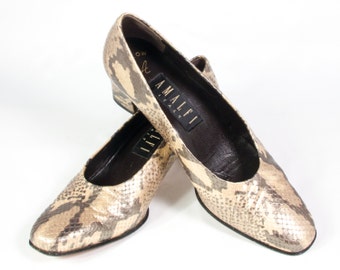 VTG 90's Gold Snake Embossed Leather High Heels size 7 1/2 Womens Snakeskin Pattern Leather Pumps