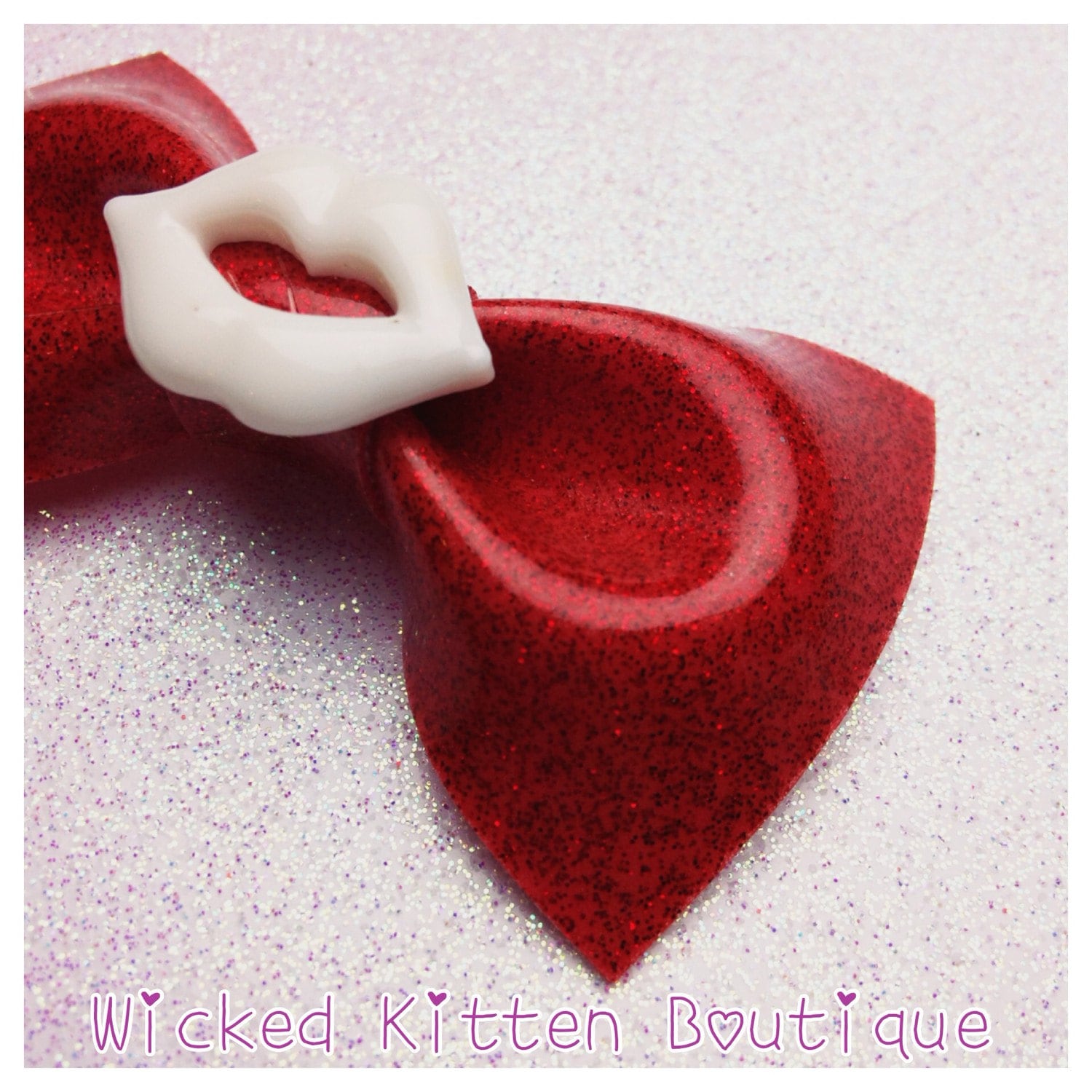 Red Glitter Vinyl Hair Bow small white lips Rockabilly Bow