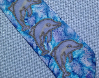 Dolphin necktie, painted dolphin tie, Silk Tie, silk necktie, handpainted tie, blue, grey, unique handmade, silk tie uk, blue necktie, T72
