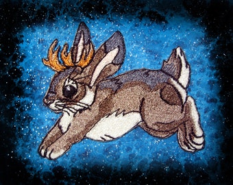 Cute Hopping Jackalope Iron on patch Rabbit with antlers