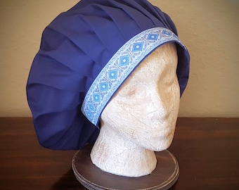 Muffin Hat Cap in Navy Blue With Embroidered Jacquard Trim, Renaissance Costume, Mob Cap, Medieval Caul, Peasant Headwear, SCA LARP Garb