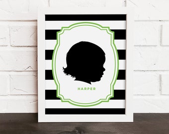custom silhouette portrait, child silhouette, personalized family art, modern silhouette, family keepsake art, black and white wall art