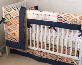Tribal Baby Boy Crib Bedding Set Navy Gold Mint Made to Order