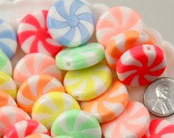 Candy Beads - 23mm Amazing Peppermint Swirl Beads Bright Pastel Color Candy Shape Chunky Acrylic or Resin Beads - 12 pc set